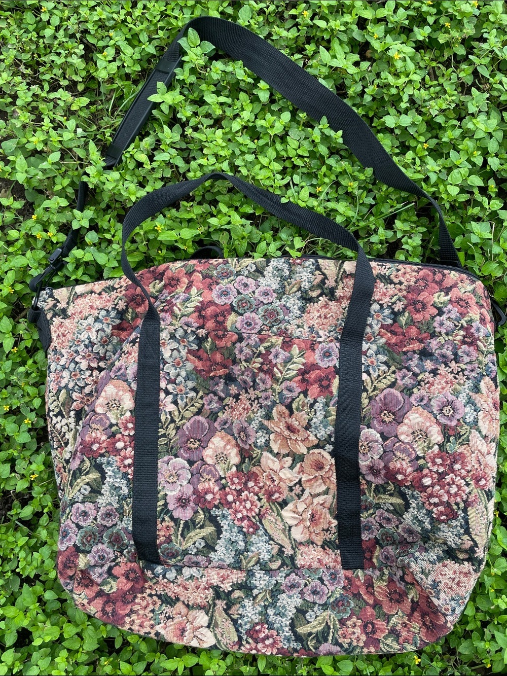 Floral Tapestry Tote Bag with Black Straps